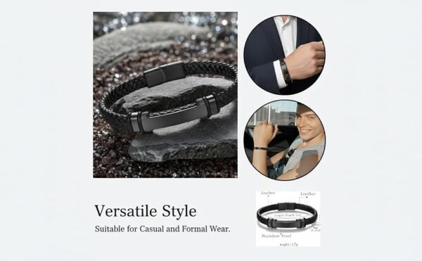 Valentine's Day Gift for Him, Braided Leather Bracelet for Men, Black Leather with Stainless Steel Clasp, Stylish Infinity Cuff Bracelet, Wristband Gift for Men, 21cm / 8.26 inches - Image 2