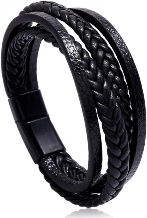 Goodern Mens Bracelet Premium Leather Bracelet for Men Multilayer Mens Leather Bracelet Leather Bangles Magnetic-Clasp Braided Leather Bracelet with Clasp Cowhide Multi-Layer Braided Leather - Image 7