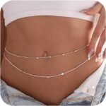 HANNEA® Waist Chain for Women Sexy, Set of 2pcs Sequin Silver Plated Belly 2-Layered Waist Beads Coin Chain Dainty Body Chains Jewelry, Bikini Beach Wear Gifts for Women 26.5-33Inch