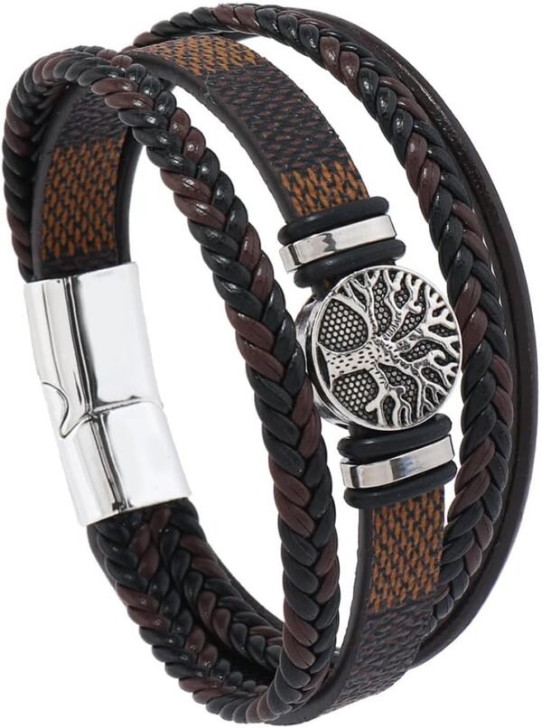 Multilayer Brown PU Leather Bracelet, Braided Magnetic-Clasp Wrap Bangle for Men - Image 8