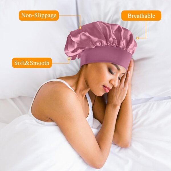 Satin Silk Bonnet compatible with Curly Hair, Hair Bonnet Silk Wrap for Sleeping, Night Sleep Cap for Women (Bean Paste) - Image 5