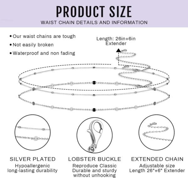 HANNEA® Waist Chain for Women Sexy, Set of 2pcs Sequin Silver Plated Belly 2-Layered Waist Beads Coin Chain Dainty Body Chains Jewelry, Bikini Beach Wear Gifts for Women 26.5-33Inch - Image 17