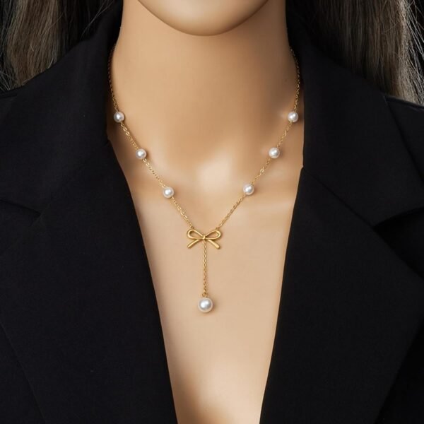 Vbvbip Elegant Stainless Steel Pearl Pendant Necklace & Earrings Set for Women, Hypoallergenic Jewelry Gift Set, Classic Boho Bridal Party Accessories - Image 2