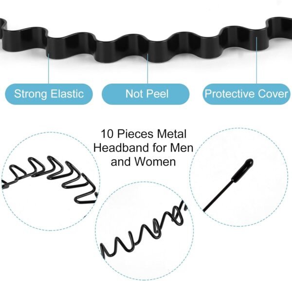fenshine Metal Hair Bands Feather Wavy Headband Unisex Black Wavy Headband Polished Backwards Non-Slip Sports Hair Band for Women Men 6 Pack - Image 3