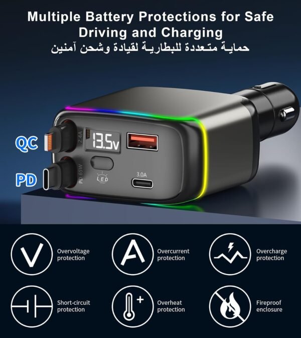 ⁦XXZU 137W Fast Charging Car Charger，4-in-1 Adapter with 2 Retractable Cable | Cigarette Lighter with 65W Retractable Cable, USB C and USB A Charging Ports, Voltage Display, for iPhone/Android/iPad/Laptop  Amazon.ae: Electronics⁩ - الصورة ⁦14⁩