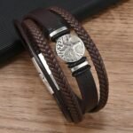 Multilayer Brown PU Leather Bracelet, Braided Magnetic-Clasp Wrap Bangle for Men - Image 2