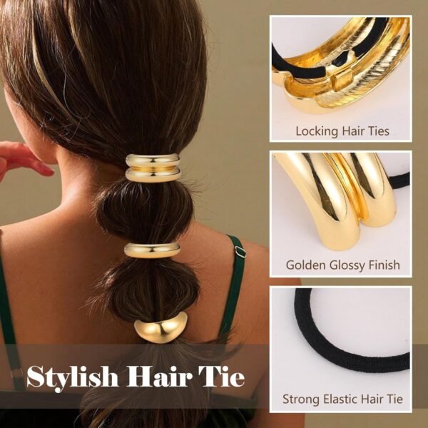 Gold Hair Ties, 6 Pieces Metal Geometric Buckle Hair Bands for Women Girls, Elastic Ponytail Cuffs Holders Accessories for Long Thick and Thin Hair, Diameter: 7.5 cm/2.95 inch - Image 6