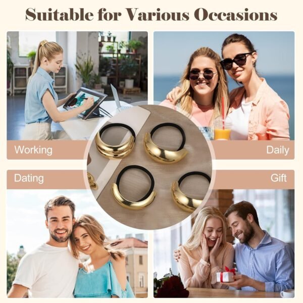 Gold Hair Ties, 6 Pieces Metal Geometric Buckle Hair Bands for Women Girls, Elastic Ponytail Cuffs Holders Accessories for Long Thick and Thin Hair, Diameter: 7.5 cm/2.95 inch - Image 16
