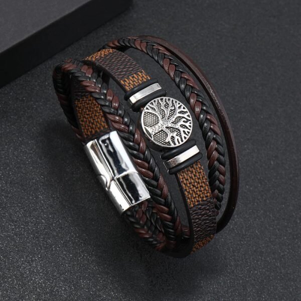 Multilayer Brown PU Leather Bracelet, Braided Magnetic-Clasp Wrap Bangle for Men - Image 13