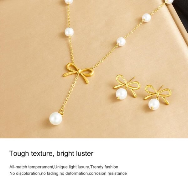Vbvbip Elegant Stainless Steel Pearl Pendant Necklace & Earrings Set for Women, Hypoallergenic Jewelry Gift Set, Classic Boho Bridal Party Accessories - Image 3