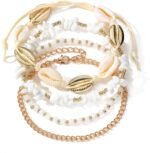 ELECDON Handmade Boho Shell Anklet for Women, Shell Ankle Bracelet Set for Women, Gold Boho Bead Adjustable Anklet, Hawaiian Beach Seashell Pearl Heart Starfish Conch Foot Jewelry Gifts