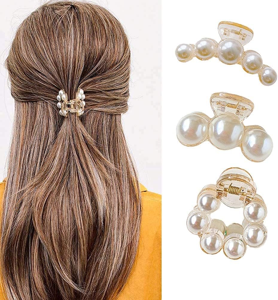 71MZuDw6JS._AC_SL1000_.jpg 3Pcs Hair Claw Clips for Women,Pearl Jaw Clips, Hair Claw Clamps Champagne Pearl Hair Barrettes Hair Clips Pins Ties Hair Medium Small Non Slip Clips Hair Accessories for Women and Girls - Image 1