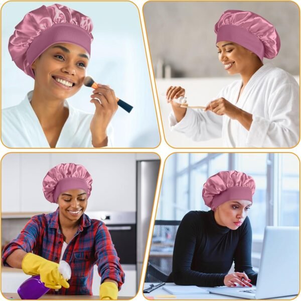 Satin Silk Bonnet compatible with Curly Hair, Hair Bonnet Silk Wrap for Sleeping, Night Sleep Cap for Women (Bean Paste) - Image 8