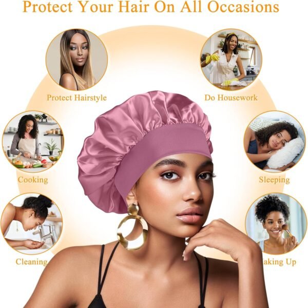 Satin Silk Bonnet compatible with Curly Hair, Hair Bonnet Silk Wrap for Sleeping, Night Sleep Cap for Women (Bean Paste) - Image 6