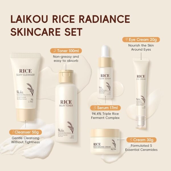 LAIKOU Rice Face Care, Pack of 5 Skin Care Women's Face Set, Travel Size Skincare with Facial Cleanser, Rice Toner, Eye Cream, Serum Moisturising Cream, for Daily Moisture & Care  Amazon.ae: Beauty - Image 17