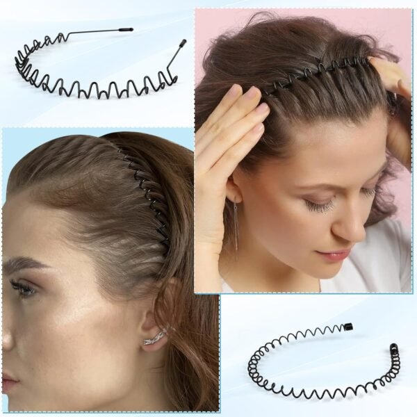 fenshine Metal Hair Bands Feather Wavy Headband Unisex Black Wavy Headband Polished Backwards Non-Slip Sports Hair Band for Women Men 6 Pack - Image 4