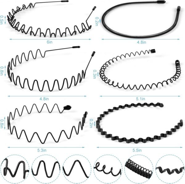 fenshine Metal Hair Bands Feather Wavy Headband Unisex Black Wavy Headband Polished Backwards Non-Slip Sports Hair Band for Women Men 6 Pack - Image 2