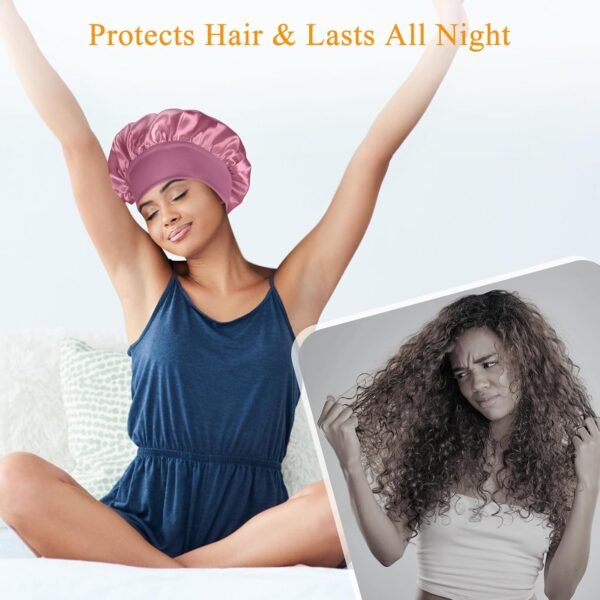 Satin Silk Bonnet compatible with Curly Hair, Hair Bonnet Silk Wrap for Sleeping, Night Sleep Cap for Women (Bean Paste) - Image 15