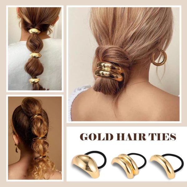 Gold Hair Ties, 6 Pieces Metal Geometric Buckle Hair Bands for Women Girls, Elastic Ponytail Cuffs Holders Accessories for Long Thick and Thin Hair, Diameter: 7.5 cm/2.95 inch - Image 3