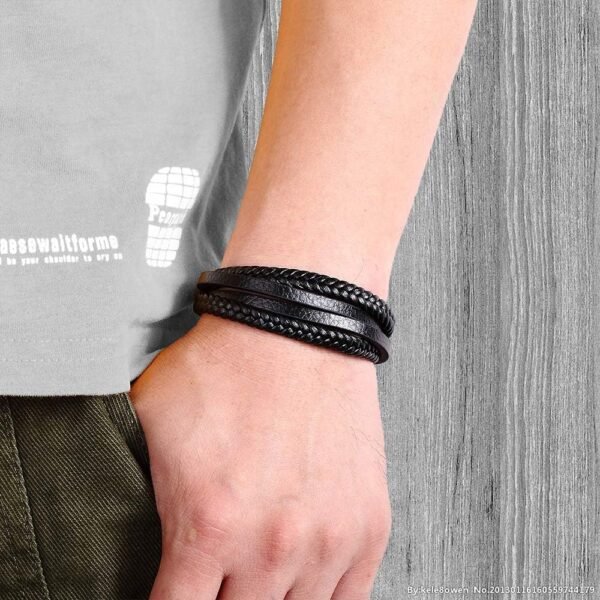 Goodern Mens Bracelet Premium Leather Bracelet for Men Multilayer Mens Leather Bracelet Leather Bangles Magnetic-Clasp Braided Leather Bracelet with Clasp Cowhide Multi-Layer Braided Leather - Image 9
