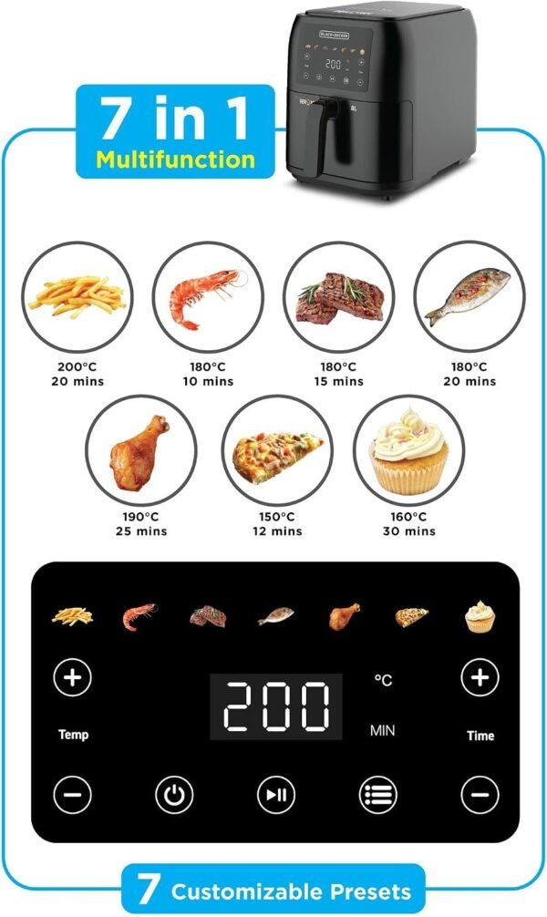 BLACK+DECKER Digital Air Fryer, 1700W, 8 Litres Family-Sized Capacity, 7 Preset Functions, Rapid Air Convection for Healthy Frying, Adjustable Temperature 80-200°C, Easy Clean, Black - SAF80-B5 Buy Online at Best Price in UAE - Amazon.ae - Image 12