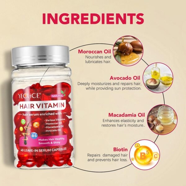 ⁦Hair Care Essential Oil, Single Pack Hair Oil, Repairing and Moisturizing Formula, No Need to Rinse Unisex, Capsules Make Hair Healthier Softer and More Shiny Capsules 40 (Red)⁩ - الصورة ⁦7⁩