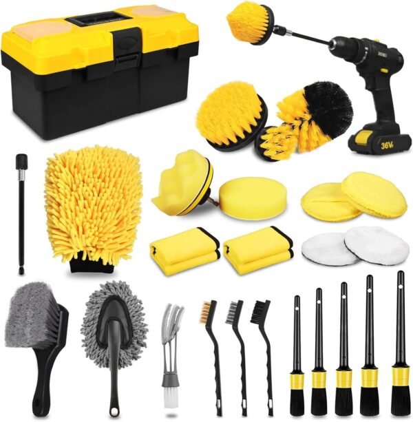 ⁦Oasisgalore 27-Piece Car Wash Kit Set, Car Cleaning Brush Accessories, Handheld Brushes for Interior/Exterior/Wheels (yellow)  Amazon.ae: Automotive⁩ - الصورة ⁦7⁩