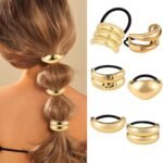 Gold Hair Ties, 6 Pieces Metal Geometric Buckle Hair Bands for Women Girls, Elastic Ponytail Cuffs Holders Accessories for Long Thick and Thin Hair, Diameter: 7.5 cm/2.95 inch