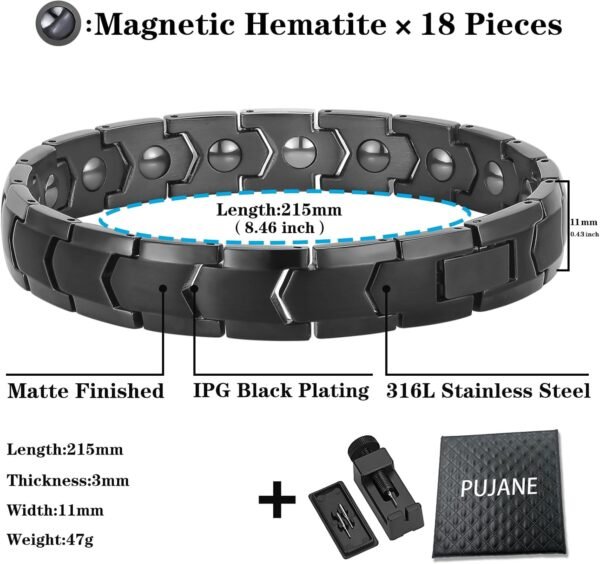 PUJANE Magnetic Hematite jewelry Bracelets for Men Women (Black) | 316L Stainless Steel, Power Balance Energy Magnets Stones, Gift, Adjustment Tool - Image 2