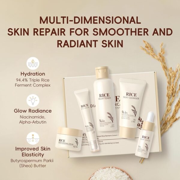 LAIKOU Rice Face Care, Pack of 5 Skin Care Women's Face Set, Travel Size Skincare with Facial Cleanser, Rice Toner, Eye Cream, Serum Moisturising Cream, for Daily Moisture & Care  Amazon.ae: Beauty - Image 2