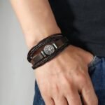 Multilayer Brown PU Leather Bracelet, Braided Magnetic-Clasp Wrap Bangle for Men - Image 3