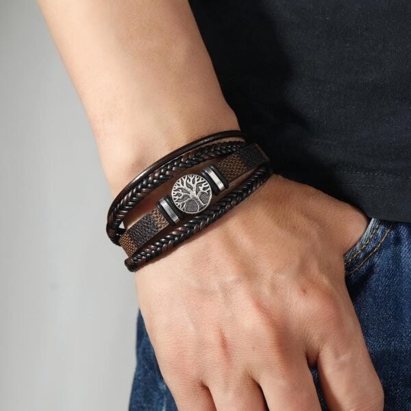 Multilayer Brown PU Leather Bracelet, Braided Magnetic-Clasp Wrap Bangle for Men - Image 3