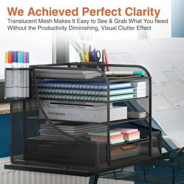 TCCHDM Desk Organizer with File Holder, Mesh Desktop Organizer and Storage with Magazine Holder for Office Supplies,5-Tier Paper Letter Tray Organizer with Drawer and 2 Pen Holder,  Amazon.ae: Office Products - Image 4
