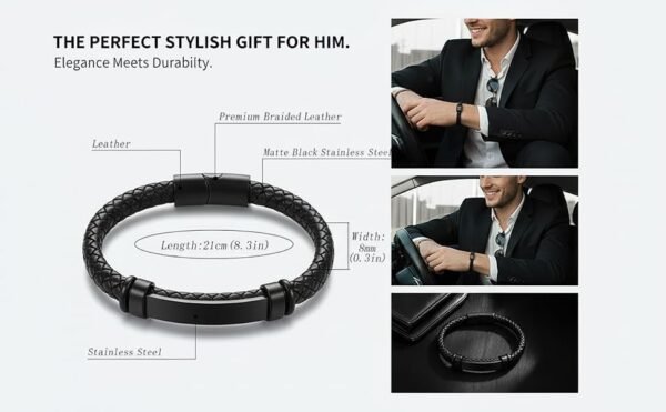 Valentine's Day Gift for Him, Braided Leather Bracelet for Men, Black Leather with Stainless Steel Clasp, Stylish Infinity Cuff Bracelet, Wristband Gift for Men, 21cm / 8.26 inches - Image 4